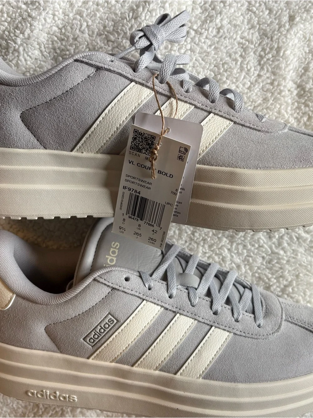 adidas Women’s “VL Court Bold” Platform Sneakers in Light Gray and White 9.5